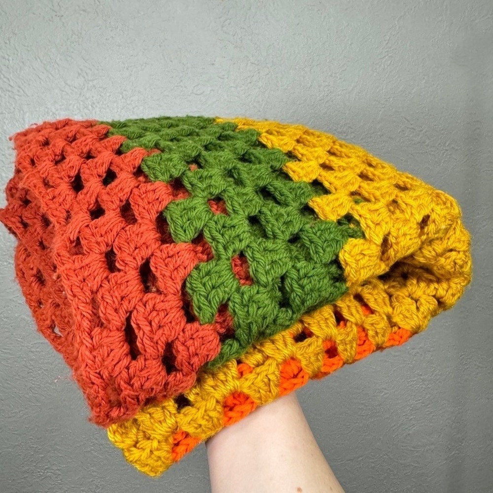 Vintage Handmade Crochet Afghan Throw Blanket 48X48" 70s Retro Rasta Colors Boho